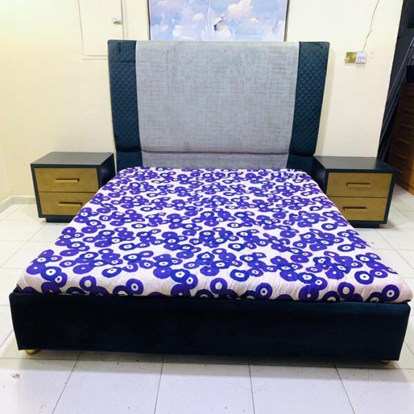 Modern Navy & Gold Used King Bed Set with Mattress & 2 Side Tables - used furniture UAE