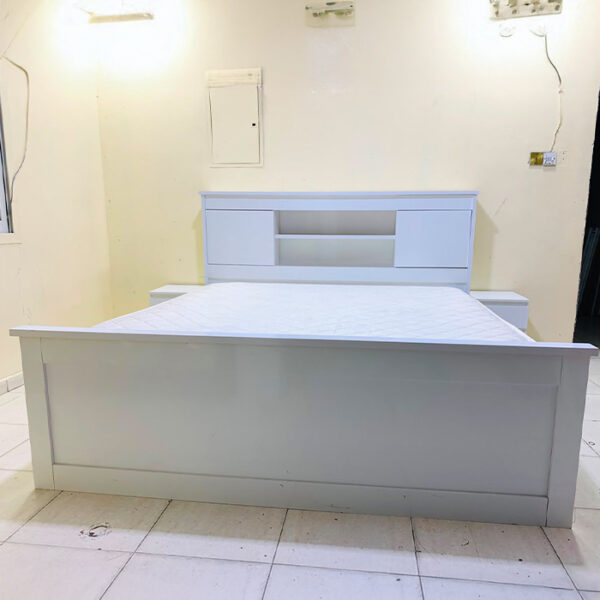 Minimalist White King Bed Set with Storage Headboard, Mattress & 2 Side Tables - used furniture UAE