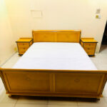 Classic Golden Oak Finish King Bed Set with Diamond Inlays, Mattress & 2 Nightstands | Used Furniture