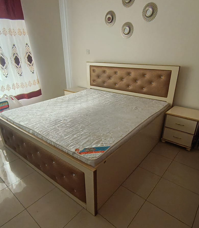 39 Glamorous Ivory & Gold Tufted King Bed Set with Mattress & 2 Nightstands | Used Furniture - Image 1
