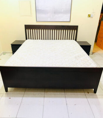Dark Espresso Slatted King Bed Frame with Mattress & 2 Nightstands - used furniture UAE