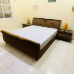 Plush Brown Upholstered King Sleigh Bed Frame with Mattress & 2 Nightstands | Used Furniture