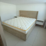 Beige Upholstered Wingback King Bed Set with Quilted Mattress & 2 White Nightstands | Used Furniture