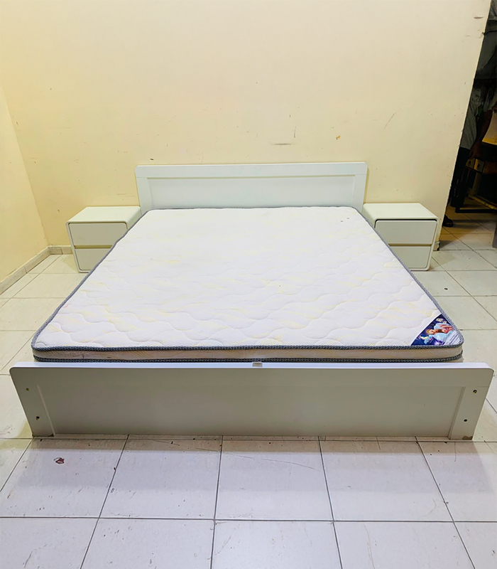 47 Modern White Minimalist King Bed Frame with Mattress & 2 Rounded Nightstands | Used Furniture - Image 1