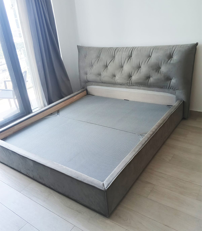 49 Plush Grey Tufted Upholstered King Platform Bed with Mattress | Used Furniture - Image 1