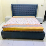 Slate Blue Upholstered Wingback King Bed with Nailhead Trim, Mattress & 2 Nightstands | Used Furniture