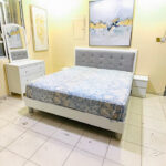 Modern White & Grey Upholstered King Bed Set with Mattress, 2 Nightstands & Dresser Mirror | Used Furniture