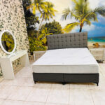 Charcoal Grey Upholstered King Bed Set with Tufted Headboard, Mattress, Mirrored Nightstands & Vanity Table | Used Furniture