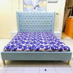 Light Blue Tufted Wingback Upholstered King Bed Set with Mattress & 2 Nightstands | Used Furniture