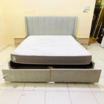 Light Grey Channel Tufted Storage King Bed with Mattress & 2 Oak Nightstands | Used Furniture