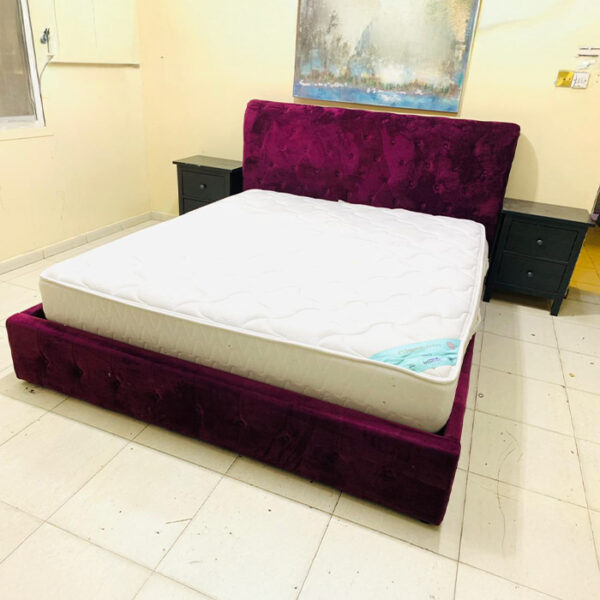 Plush Deep Purple Velvet Tufted King Bed with Mattress & 2 Black Nightstands - used furniture UAE