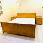 Light Golden Oak Wooden King Bed Set with Panel Footboard, Mattress & 2 Three-Drawer Nightstands | Used Furniture