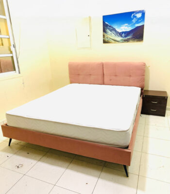 Dusty Rose Pink Upholstered King Bed with Mattress & Nightstand - used furniture UAE