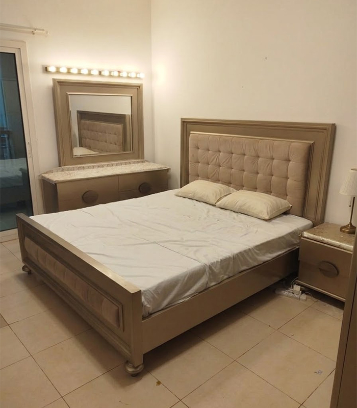 70 Champagne Gold Tufted King Bed Set with Mattress, 2 Nightstands, Dresser & Lighted Mirror | Used Furniture - Image 1