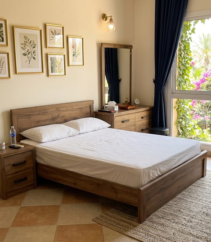 71 Rustic Walnut Wood King Bed Set with Mattress, Nightstand & Dresser with Mirror | Used Furniture - Image 1