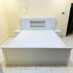 White Wooden King Storage Bed Set with Headboard Shelves, Mattress & 2 Nightstands | Used Furniture