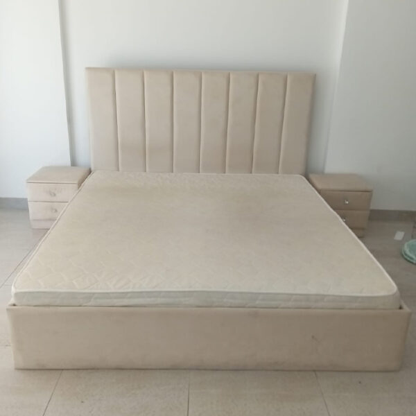 Beige Channel-Tufted Upholstered King Bed Set with Mattress & 2 Nightstands - used furniture UAE