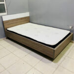 Modern Wood-Grain & White Twin Size Bed with Mattress | Used Single Bed & Pre-Owned Bedroom Furniture