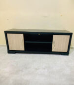 Modern Black & Light Wood IKEA TV Stand & Media Console with Swing Doors and Open Shelving | Used TV Table & Pre-Owned Furniture - Image 3