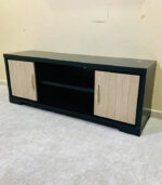 Modern Black & Light Wood IKEA TV Stand & Media Console with Swing Doors and Open Shelving | Used TV Table & Pre-Owned Furniture - Image 2