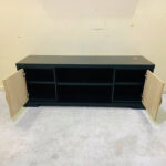 Modern Black & Light Wood IKEA TV Stand & Media Console with Swing Doors and Open Shelving | Used TV Table & Pre-Owned Furniture