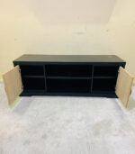 Modern Black & Light Wood IKEA TV Stand & Media Console with Swing Doors and Open Shelving | Used TV Table & Pre-Owned Furniture