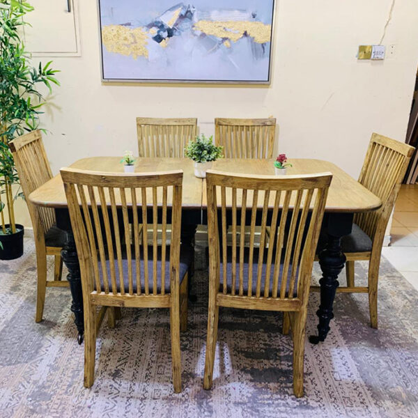 Classic 6-Seater Wooden Dining Table Set with Slatted-Back Chairs (Natural Wood & Black) - view 2
