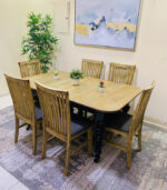 Classic 6-Seater Wooden Dining Table Set with Slatted-Back Chairs (Natural Wood & Black) | Used Dining Set & Pre-Owned Furniture