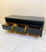 Classic Black Wood IKEA TV Stand & Media Console with Three Open Shelves and Drawers | Used TV Table & Pre-Owned Furniture - Image 2