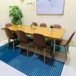 Spacious 8-Seater Wooden Dining Table Set with Brown Upholstered Chairs (Natural Wood & Metal) | Used Dining Set & Pre-Owned Furniture