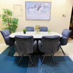 Modern 6-Seater Oval Dining Table Set with Blue Upholstered Armchairs (White Marble-Look & Black) | Used Dining Set & Pre-Owned Furniture