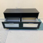 Modern Black IKEA TV Stand & Media Console with Open Shelves and Frosted Panel Wide Drawers | Used TV Table & Pre-Owned Furniture