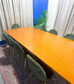 Elegant 8-Seater Wooden Dining Table Set with Green Velvet Upholstered Chairs (Natural Wood & Metal Legs) | Used Dining Set & Pre-Owned Furniture