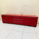 Bold Glossy Red IKEA TV Stand & Media Console with Side Drawers and Central Tiered Shelving | Used TV Table & Pre-Owned Furniture