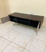 Contemporary Dark Wood & Grey Home Centre TV Stand & Media Console with Angular Metal Legs and Open Shelving | Used TV Table & Pre-Owned Furniture - Image 2