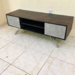 Contemporary Dark Wood & Grey Home Centre TV Stand & Media Console with Angular Metal Legs and Open Shelving | Used TV Table & Pre-Owned Furniture