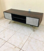 Contemporary Dark Wood & Grey Home Centre TV Stand & Media Console with Angular Metal Legs and Open Shelving | Used TV Table & Pre-Owned Furniture