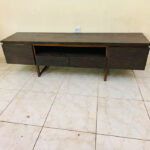 Premium Dark Wood TV Stand & Media Console with Side Cabinets, Central Open Shelf, and Pull-Out Drawers | Used TV Table & Pre-Owned Furniture