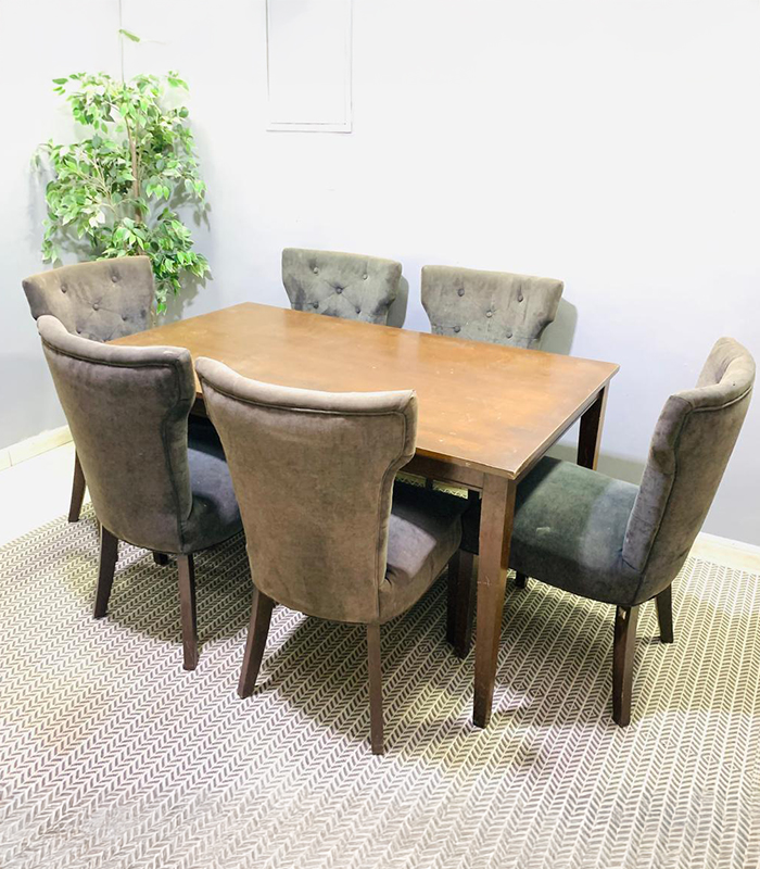 2 Classic 6-Seater Wooden Dining Table Set with Tufted Upholstered Chairs | Used Dining Set & Pre-Owned Furniture - Image 1