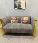 Pre-Owned Grey Velvet 2-Seater Sofa with Gold Trim — Used Modern Loveseat