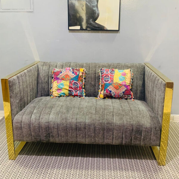 Pre-Owned Grey Velvet 2-Seater Sofa with Gold Trim - used furniture UAE