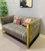 Pre-Owned Grey Velvet 2-Seater Sofa with Gold Trim — Used Modern Loveseat - Image 2