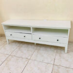 Classic White IKEA TV Stand & Media Console with Open Shelves and Black Knob Drawers | Used TV Table & Pre-Owned Furniture