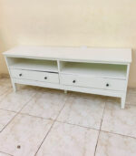 Classic White IKEA TV Stand & Media Console with Open Shelves and Black Knob Drawers | Used TV Table & Pre-Owned Furniture