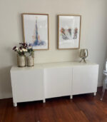 Modern Minimalist White IKEA TV Stand & Media Console with Three Cabinet Doors | Used TV Table & Pre-Owned Furniture