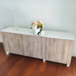 Modern White & Wood-Grain IKEA TV Stand & Media Console with Three Cabinet Doors | Used TV Table & Pre-Owned Furniture