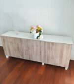 Modern White & Wood-Grain IKEA TV Stand & Media Console with Three Cabinet Doors | Used TV Table & Pre-Owned Furniture