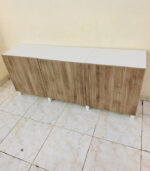 Modern White & Wood-Grain IKEA TV Stand & Media Console with Three Cabinet Doors | Used TV Table & Pre-Owned Furniture - Image 2
