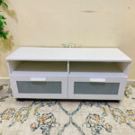 Modern White IKEA TV Stand & Media Console with Open Shelves and Frosted Panel Wide Drawers | Used TV Table & Pre-Owned Furniture
