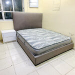 Modern Upholstered Queen Size Bed with Mattress & 1 Side Table (Grey) | Used Bed & Pre-Owned Bedroom Furniture